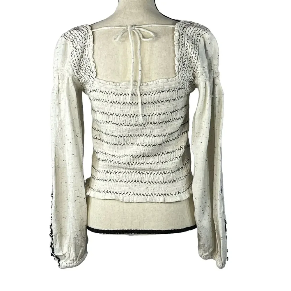 Free People Maggie Medium Embroidered Top Square Neck Smocked Puff Sleeves Ivory